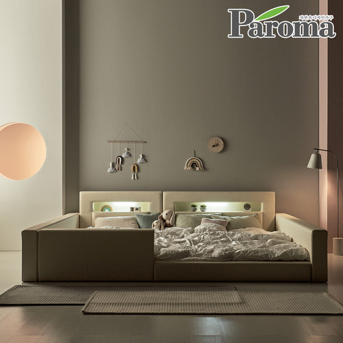 파로마-파로마 디어 LED 조명 낮은 저상형 패밀리 가족 침대 프레임 가죽 가드 E0 Q+Q